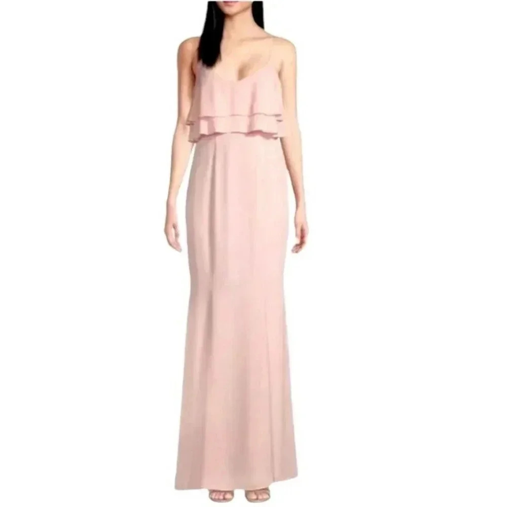 NWT LIKELY Monte Ruffle Gown in Light Pink Maxi Dress Spaghetti Strap Size: 8